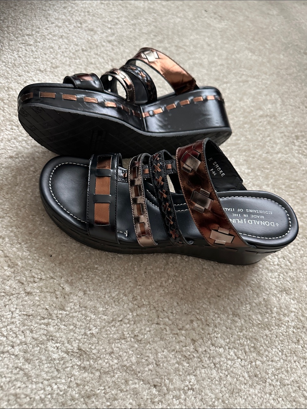 Donald J. Pliner Black and Brown Multi-Strap Wedge Slides - Picture 2 of 9